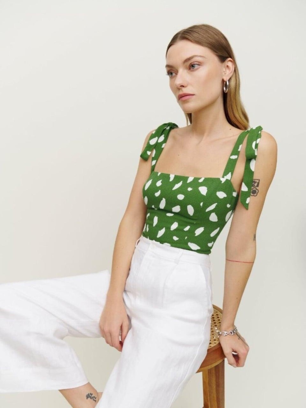 Reformation Green Tie-Shoulder White Spot Camisole